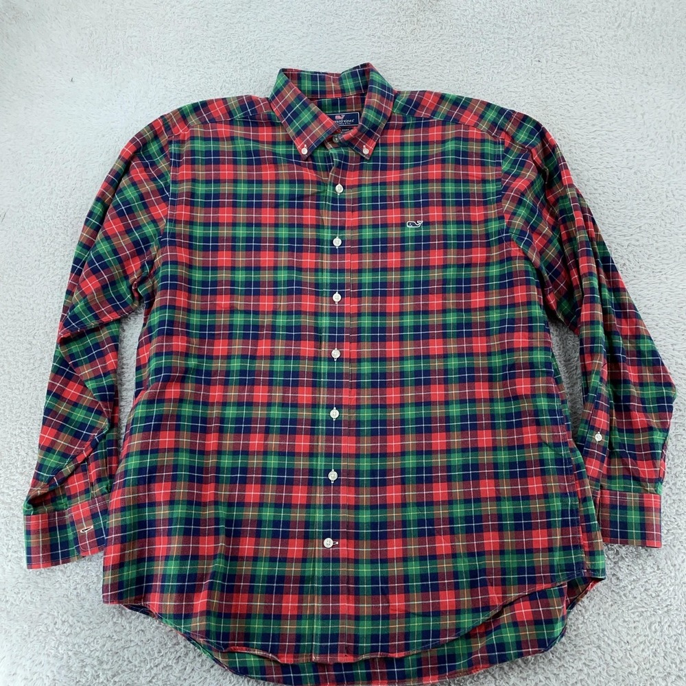 Vineyard Vines Flannel Whale Shirt Large Plaid Tartan Red Green Navy Button Down
